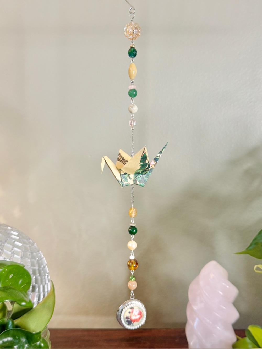 Origami Ornament #2475 - Medium Crane with Repurposed Rose Locket